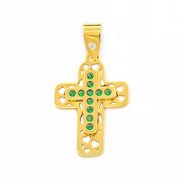 Cruz Oro Amarillo 9K Rectangular Esmeraldas preciosas sintéticas Brillo 22 x 15 mm