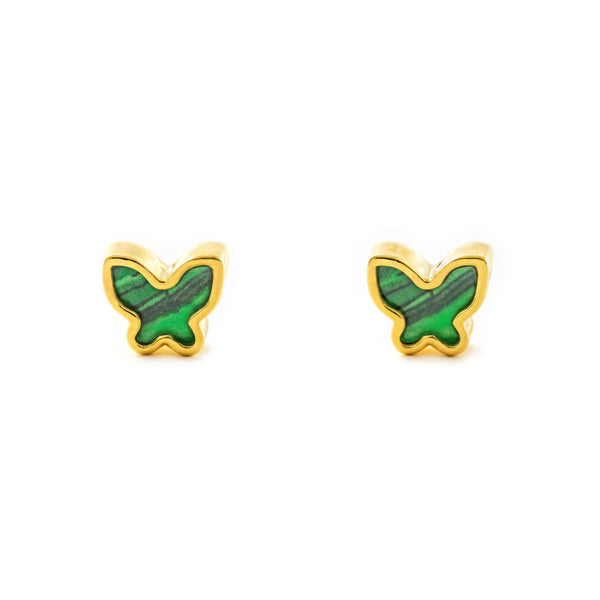Pendientes Oro Amarillo 9K Mariposa Malaquita Brillo
