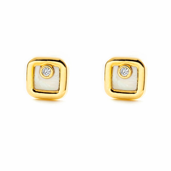 9ct Yellow Gold Square Mother of Pearl Cubic Zirconia Girls Earrings shine