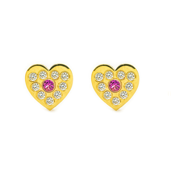 Pendientes Bebe-Niña Oro Amarillo 18K Corazón Circonita y rubí sintético Brillo