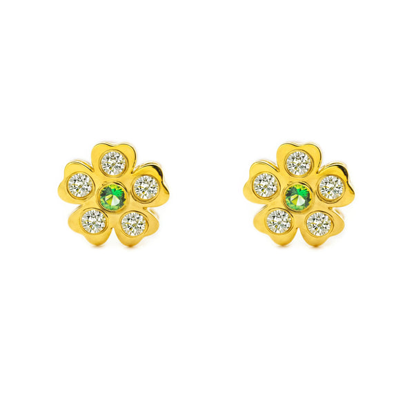 Pendientes Bebe-Niña Oro Amarillo 18K Flor Circonita y Esmeralda sintético Brillo