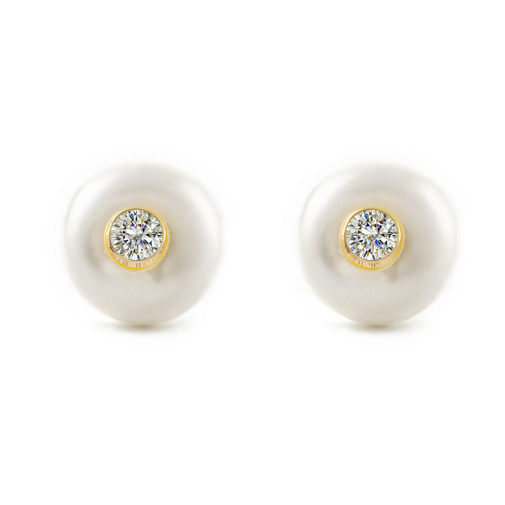 Pendientes Niña Mujer oro Amarillo 9K Redondo Perla Natural Botón Brillo