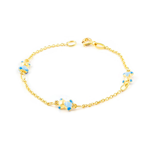 Pulsera Niña Oro Amarillo 9K Esmalte Oso Azul Brillo 14 cm