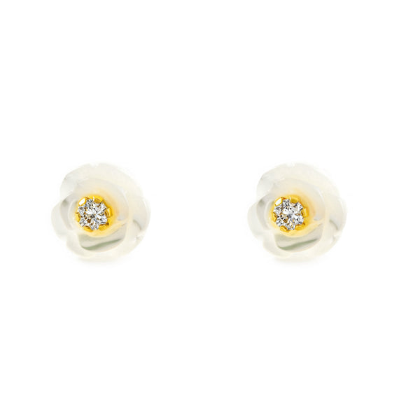 18ct Yellow Gold Mother of Pearl Flower Cubic Zirconia Girls Earrings shine