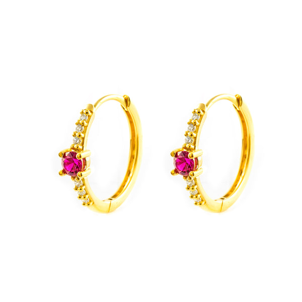 9ct Yellow Gold Round Hoop Earrings Synthetic Precious Rubies Shine 14.5 x 3 mm