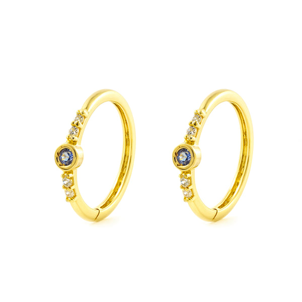 9ct Yellow Gold Round Hoop Earrings Synthetic Precious Sapphires Shine 12 x 2.5 mm