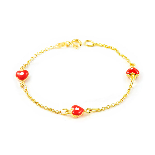 Pulsera Niña Oro Amarillo 9K Esmalte Corazón Rojo-Blanco Brillo 14 cm