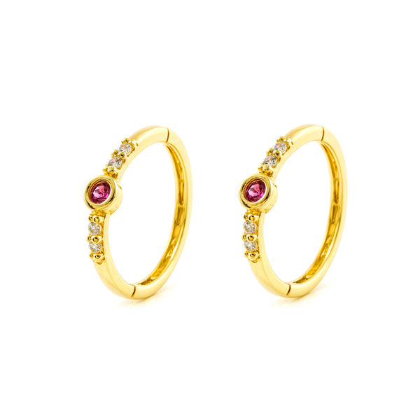 9ct Yellow Gold Round Hoop Earrings Synthetic Precious Rubies Shine 12 x 2.5 mm