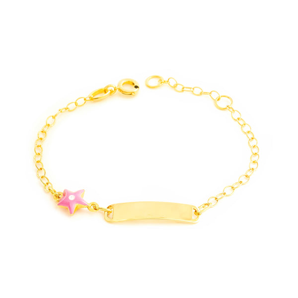 Pulsera Niña Oro Amarillo 18K Esmalte Esclava Estrella Rosa-Blanco Brillo 14 cm