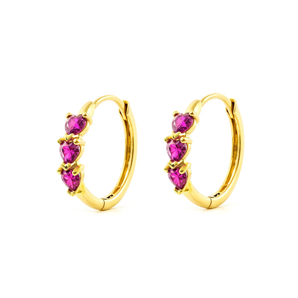 9ct Yellow Gold Round Hoop Earrings Synthetic Ruby Hearts Shine 14.5 x 3 mm