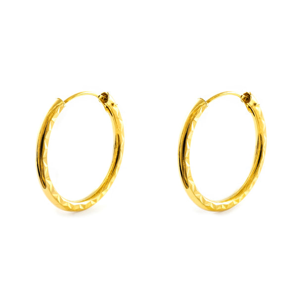 18ct Yellow Gold Round Carved Hoop Earrings 20 x 2 mm