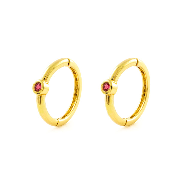 Pendientes Oro Amarillo 9K Aros Redondo Rubies Preciosos Sintéticos Brillo 10 x 2 mm