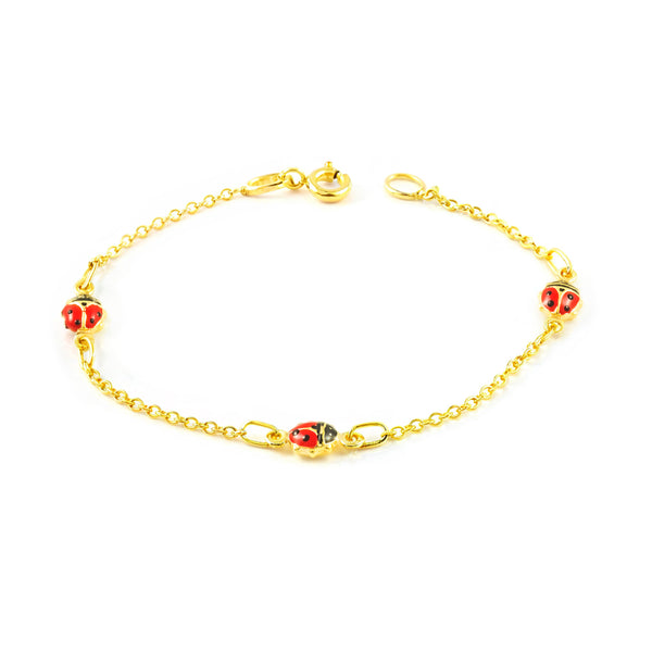 Pulsera Niña Oro Amarillo 9K Esmalte Mariquita Rojo-Negro Brillo 14 cm