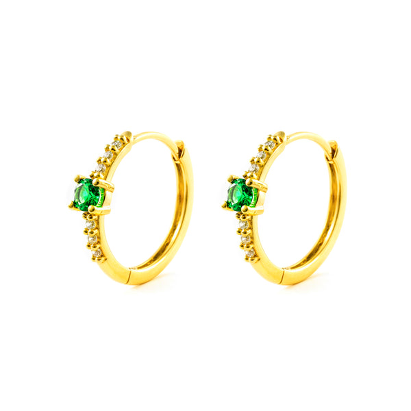 9ct Yellow Gold Round Hoop Earrings Synthetic Emeralds Shine 14.5 x 3 mm