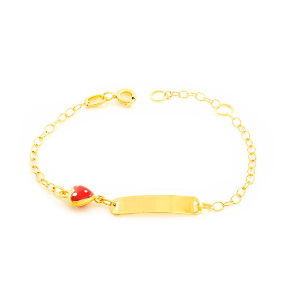 Pulsera Niña Oro Amarillo 18K Esmalte Esclava Corazón Rojo-Blanco Brillo 14 cm