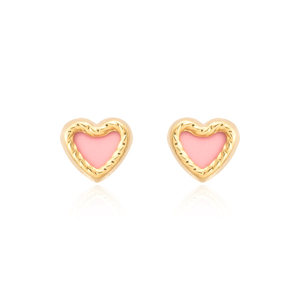 Pendientes Bebe-Niña Oro Amarillo 9K Nacar Corazón Rosa Tallados