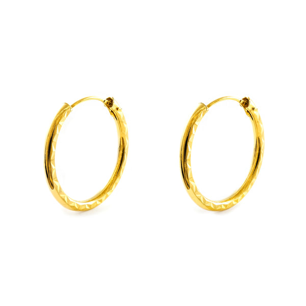 18ct Yellow Gold Round Carved Hoop Earrings 18 x 2 mm