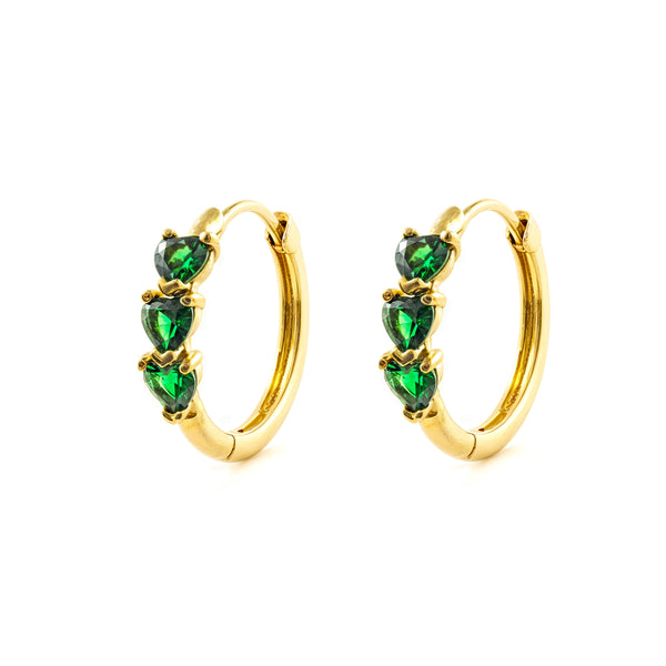 9ct Yellow Gold Round Hoop Earrings Synthetic Emerald Hearts Shine 14.5 x 3 mm