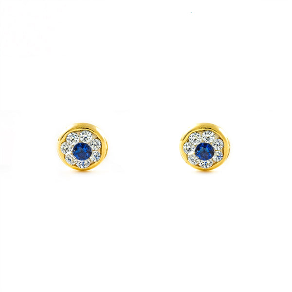 9ct Yellow Gold Baby Girl Earrings Round Chaton Cubic Zirconia and Synthetic Sapphire Shine