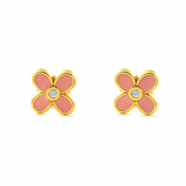 Pendientes Niña Oro Amarillo 9K Cuatrebol Esmalte Rosa Brillo