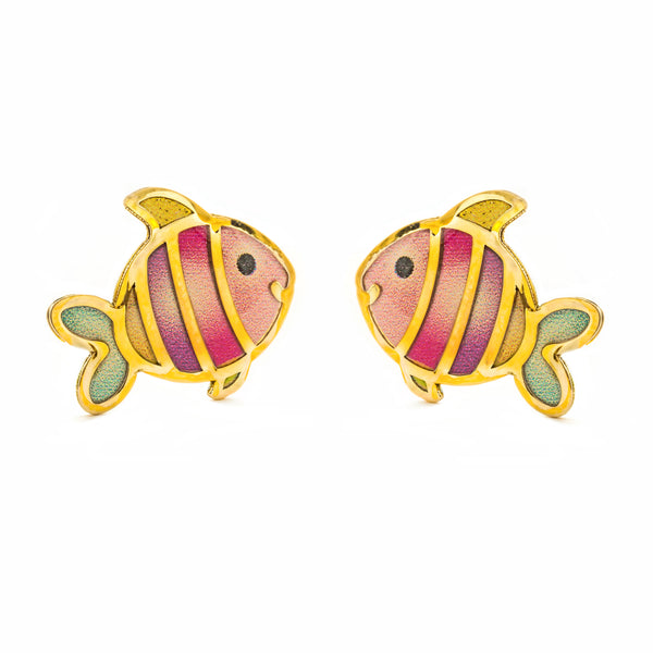 9ct Yellow Gold Multicolor Enamel Fish Girls Earrings shine