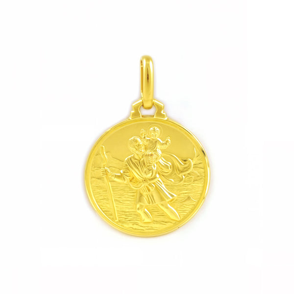 Medalla Niña Mujer oro Amarillo 18K Redondo San Cristobal 12 mm Mate y Brillo