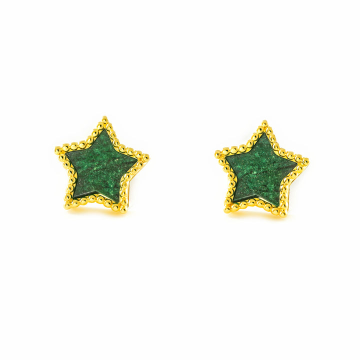 Pendientes Mujer oro Amarillo 9K Estrella Piedra Malaquita Verde Brillo y Textura