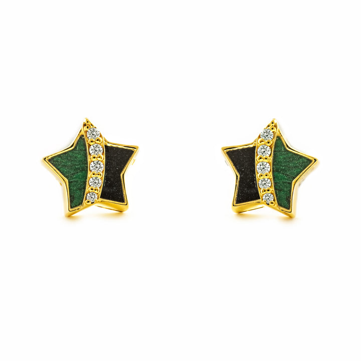 Pendientes Niña Mujer oro Amarillo 9K Estrella Piedra Malaquita Verde Brillo