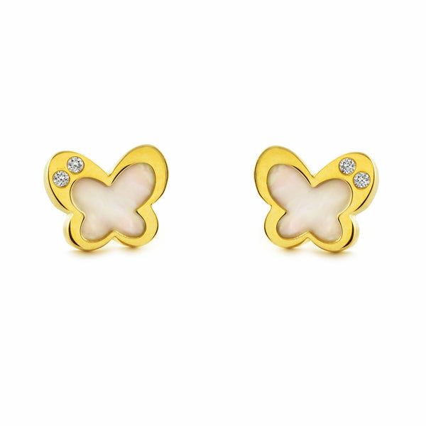 Pendientes Niña Mujer oro Amarillo 9K Mariposa Nácar Madre Perla Blanco Brillo
