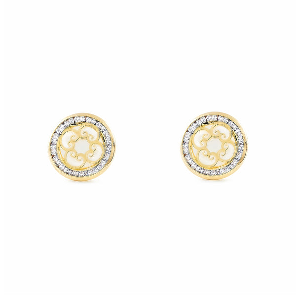 Pendientes Mujer-Niña Oro Amarillo 9K Nacar Espirales Circonita Brillo