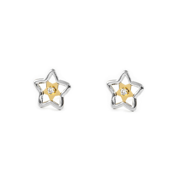 Pendientes Mujer-Niña Oro Bicolor 9K Estrella Circonita Brillo