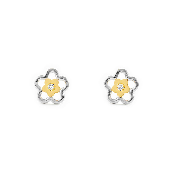 9ct two color gold Daisy Flower Cubic Zirconia Earrings shine