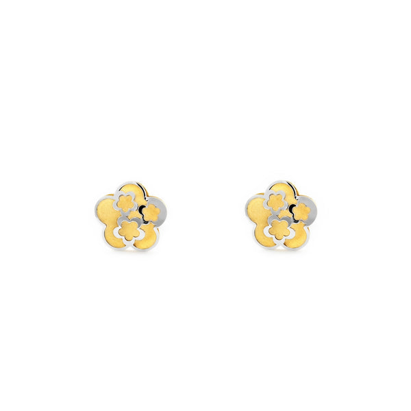 Pendientes Niña Oro Bicolor 9K Liso Flor Margarita Brillo