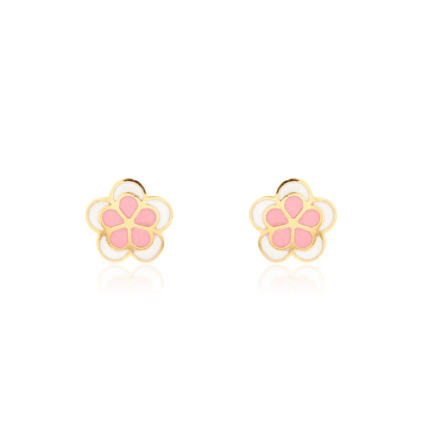 Pendientes Niña Oro Amarillo 9K Flor Margarita Esmalte Rosa-Blanco Brillo