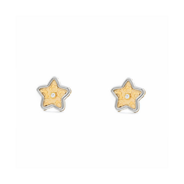 9ct two color gold Star Cubic Zirconia textured Earrings