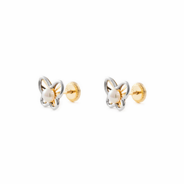 Pendientes Oro Mariposa Bicolor Mate/Brillo con perla (9kts)