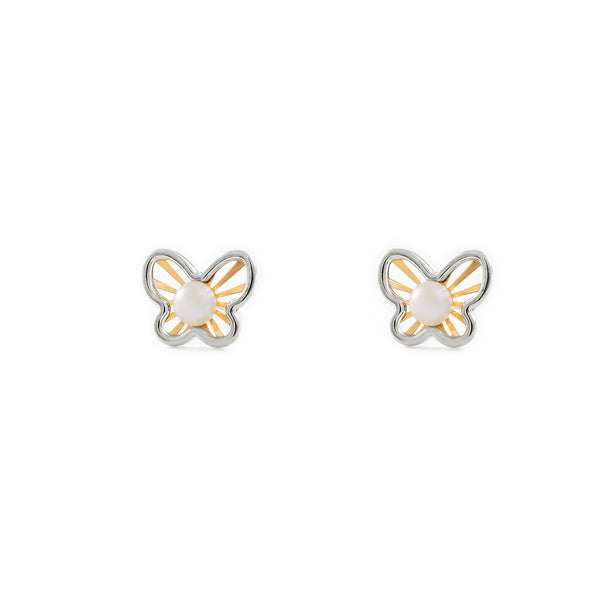 9ct two color gold Butterfly Pearl 3.5 mm Children's Girls Earrings Matte Shine