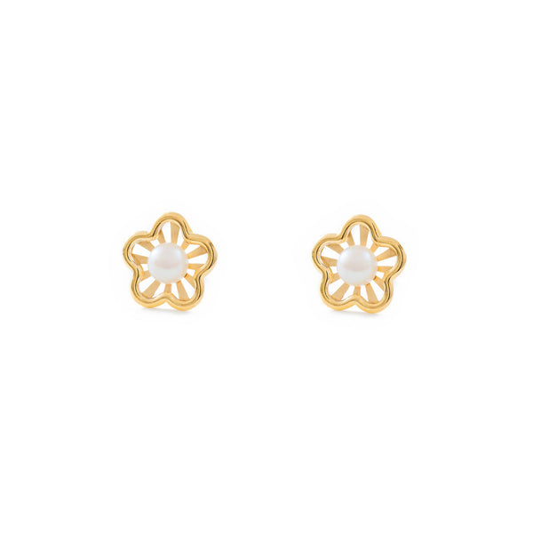 9ct Yellow Gold Daisy Flower Pearl 3.5 mm Children's Girls Earrings Matte Shine