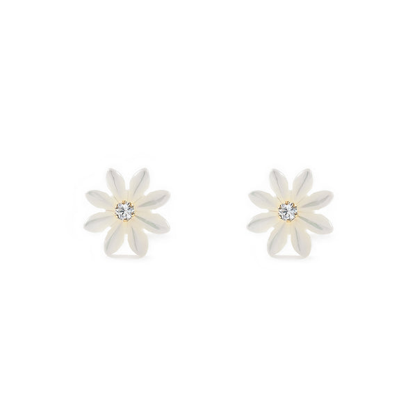 9ct Yellow Gold Nacre Flower Cubic Zirconia Earrings shine