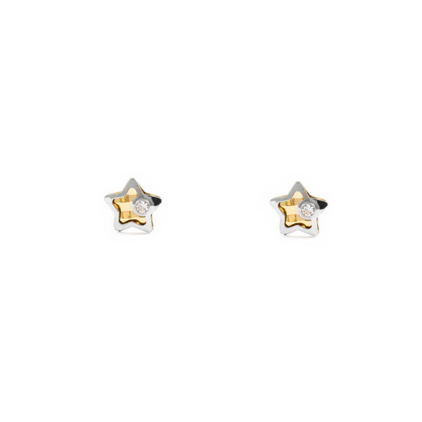 Pendientes Bebe-Niña Oro Bicolor 9K Estrella Circonita Brillo