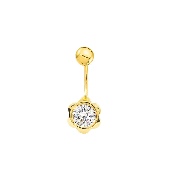 Yellow Gold 9K Navel Piercing with Flower CZ Sparkle