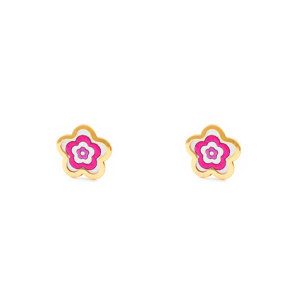 9ct Yellow Gold Pink Enamel Daisy Flower Children's Girls Earrings shine