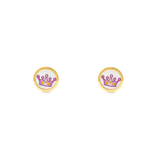 9ct Yellow Gold Purple Enamel Crown Children's Girls Earrings shine