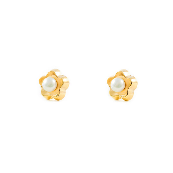 Pendientes Niña Oro Amarillo 9K Perla Botón 3,5 mm Flor Margarita Brillo