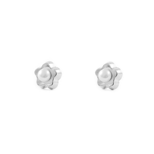 Pendientes Niña Oro Blanco 9K Perla Botón 3,5 mm Flor Margarita Brillo