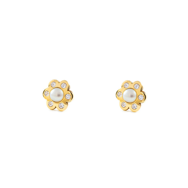 9ct Yellow Gold Flower Cubic Zirconias Pearl 3.5 mm Earrings shine