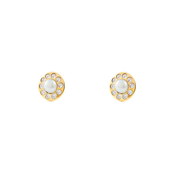 Pendientes Mujer-Niña Oro Amarillo 9K Perla Botón 3,5 mm Circonitas Brillo