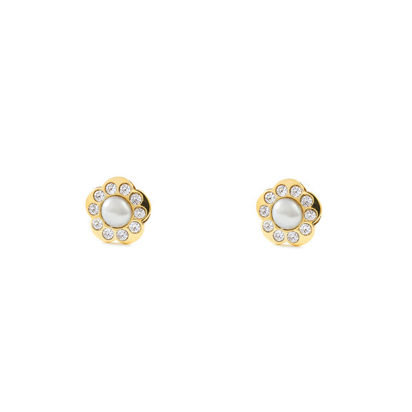 9ct Yellow Gold Daisy Flower Cubic Zirconias Pearl 3.5 mm Earrings shine