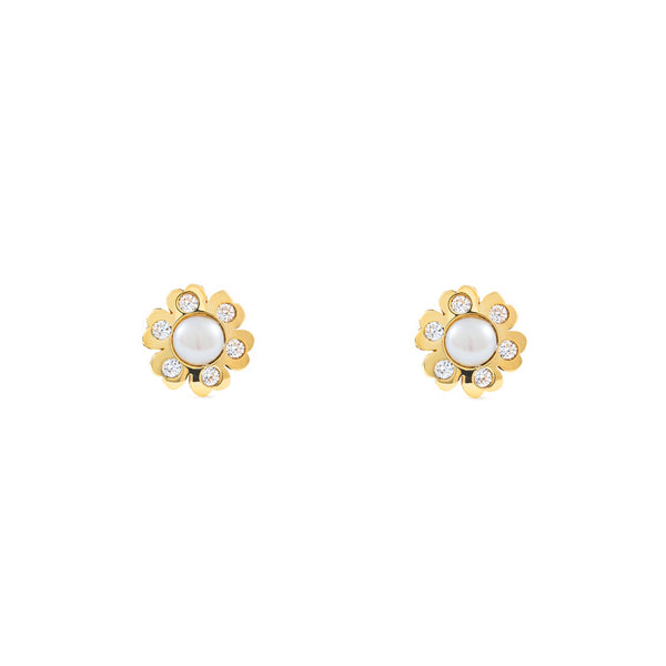 Pendientes Mujer-Niña Oro Amarillo 9K Perla Botón 3,5 mm Flor Circonitas Brillo