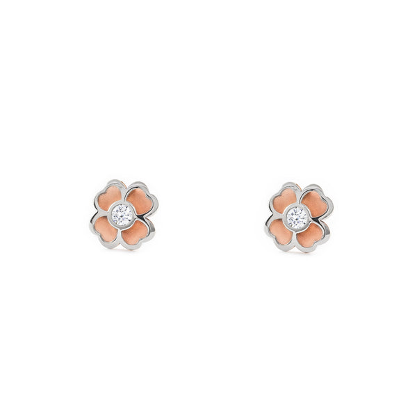 9ct two color gold Trebol Cubic Zirconia Earrings Matte Shine